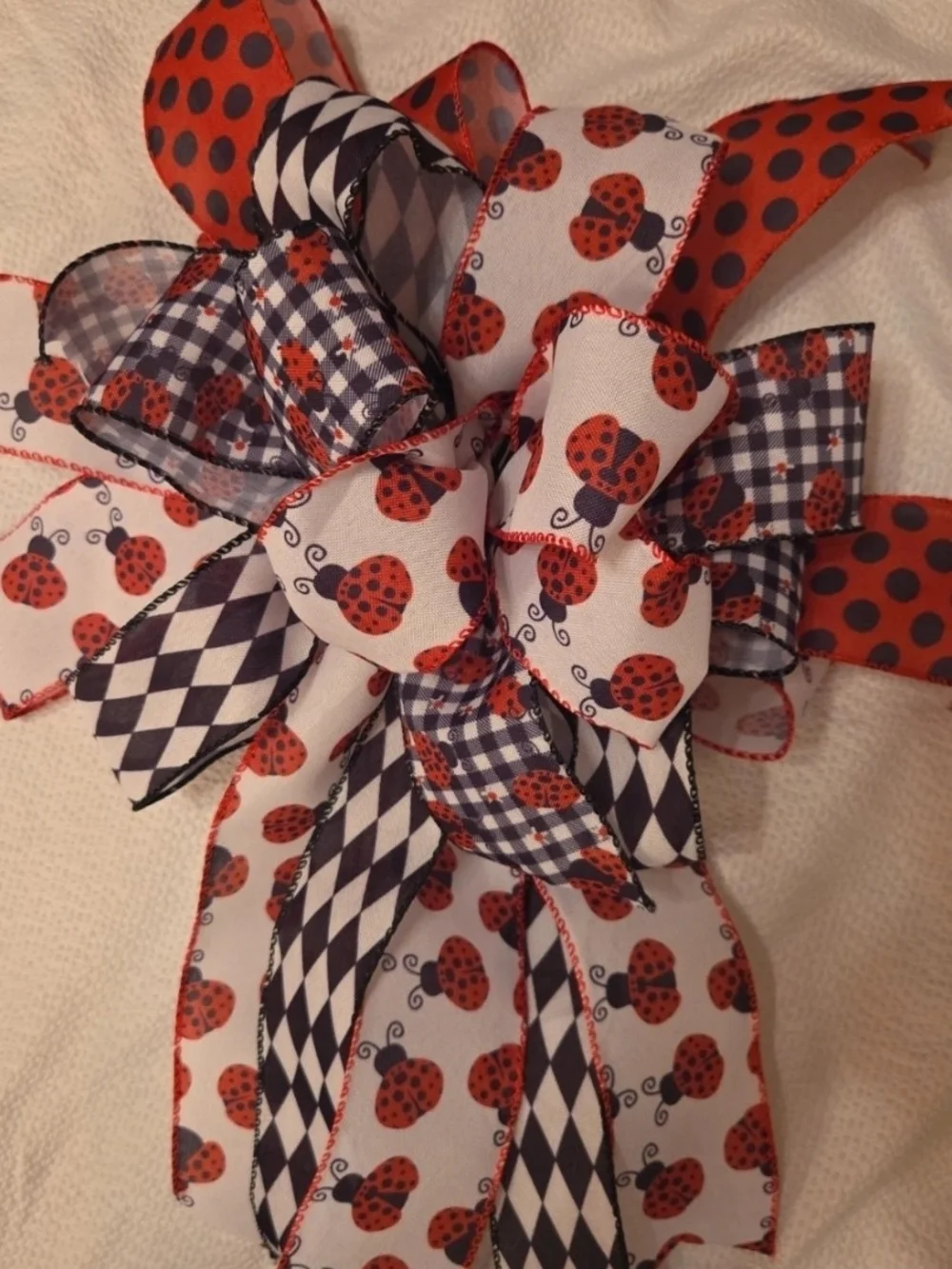 Whimsical Ladybug Ribbon Bow - Red and Black